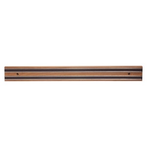 May include: A wooden magnetic strip with two black magnetic strips running along the length of the wood. The strip has a hole on the right side.