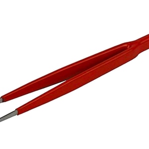 May include: A pair of red tweezers with silver tips, designed for precision tasks. The tweezers are made of a solid, durable material and are set against a plain white background. The tips are fine and pointed.