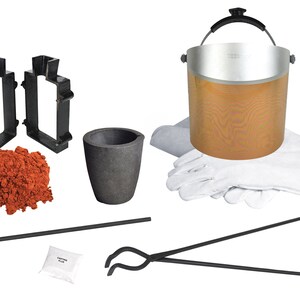May include: A metal casting kit with a crucible, tongs, a metal bucket, gloves, casting sand, and a casting flask.