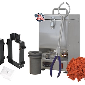 May include: A silver metal melting furnace with a digital temperature control, a graphite crucible, two black metal casting molds, a bag of casting flux, a pair of tongs, and a pile of red casting sand.