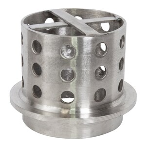May include: A cylindrical metal object with numerous circular holes and a cross-shaped structure at the top. The object has a wide base and is made of a brushed, silver-colored metal. The design suggests a functional, industrial purpose.