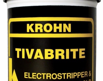May include: A yellow and black jar labeled "Krohn Tivabrite Electrostripper & Polisher for Gold"