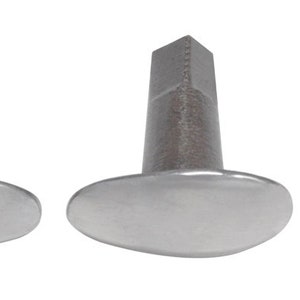 May include: Four silver metal furniture leg caps with a round, flat top and a square base.