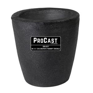 May include: A black graphite foundry crucible with a textured surface. The crucible has a wide mouth and a tapered body. The label reads "PROCAST" and "NO. 1.5 - 2 KG GRAPHITE FOUNDRY CRUCIBLE".