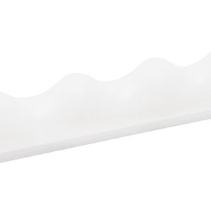 May include: A white, elongated tray with a wavy design. The tray features a series of rounded peaks along its length, creating a decorative and functional shape. The tray is made of a solid, opaque material.