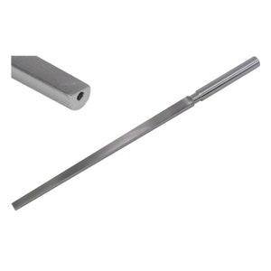 May include: A long, thin, silver-colored metal tool with a rounded end and a small hole. The tool is about 12 inches long.