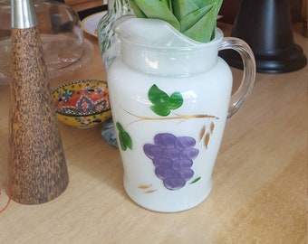 1950s Bartlett Collins white glass pitcher with handpainted grapes and gold accents