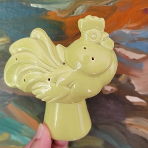 Vintage MCM rooster toothpick holder, chartreuse ceramic, bar cart pick holder, cocktails, charcuterie boards, California Pottery