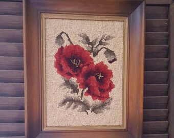 Poppy  hooked rug, framed