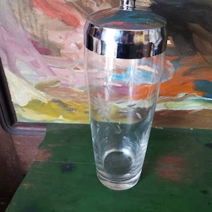 Cut glass fuschia design, tall cocktail shaker, three piece set, large