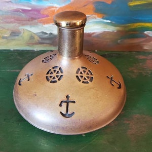 Swedish captain&#39;s decanter, brass over glass, cork top, anchor and ship wheel design