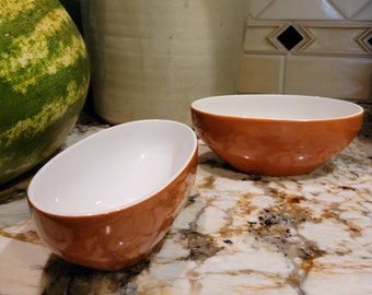 Vintage set of two Tierra Ironstone burnt orange bowls, snack dishes, nut dishes, french onion soup