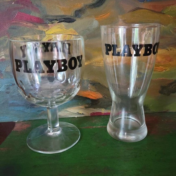 Vintage Schooner Thumbprint Playboy glass and  Playboy beer glass, black lettering