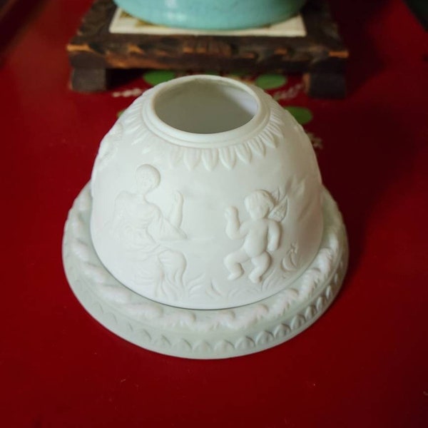 Vintage Porcelain Lithopane, cupids in the garden, small votive, no maker's marks