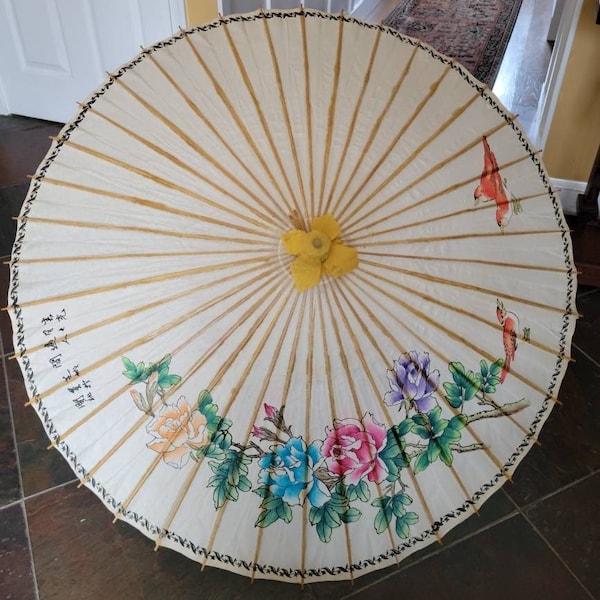 Vintage Asian Parasol Umbrella Rice Paper and  Bamboo, Birds and Blossoms