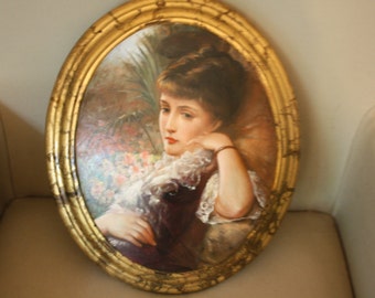 Original Oil Portrait, Gold Leaf Oval Frame, Convex