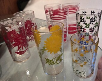 Vintage 1970s glassware, vibrant colors, sold individually