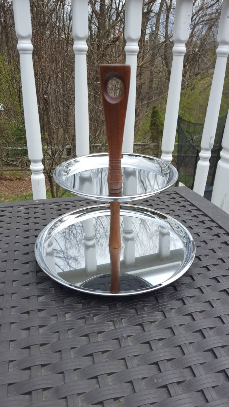 many uses! wood and metal Mid-century modern two tiered tidbit tray