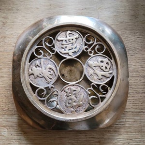 Vintage brass incense burner, Asian lettering, brass trivet,