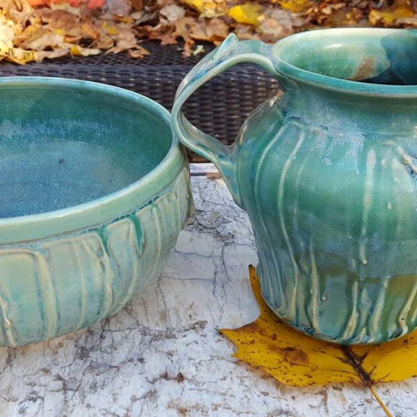 Set of two pottery pieces, bowl and pitcher, hand thrown pottery