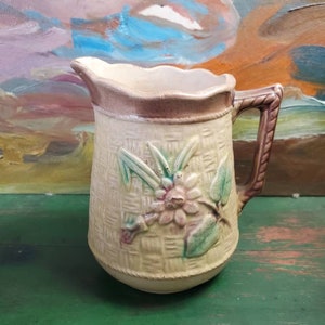 Antique Majolica yellow small basketweave creamer, floral bouquets on each side, very good condition