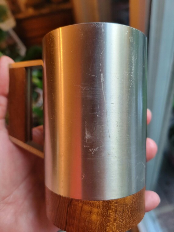 Vintage Pewter Mugs With Teak Handle and Base Marked