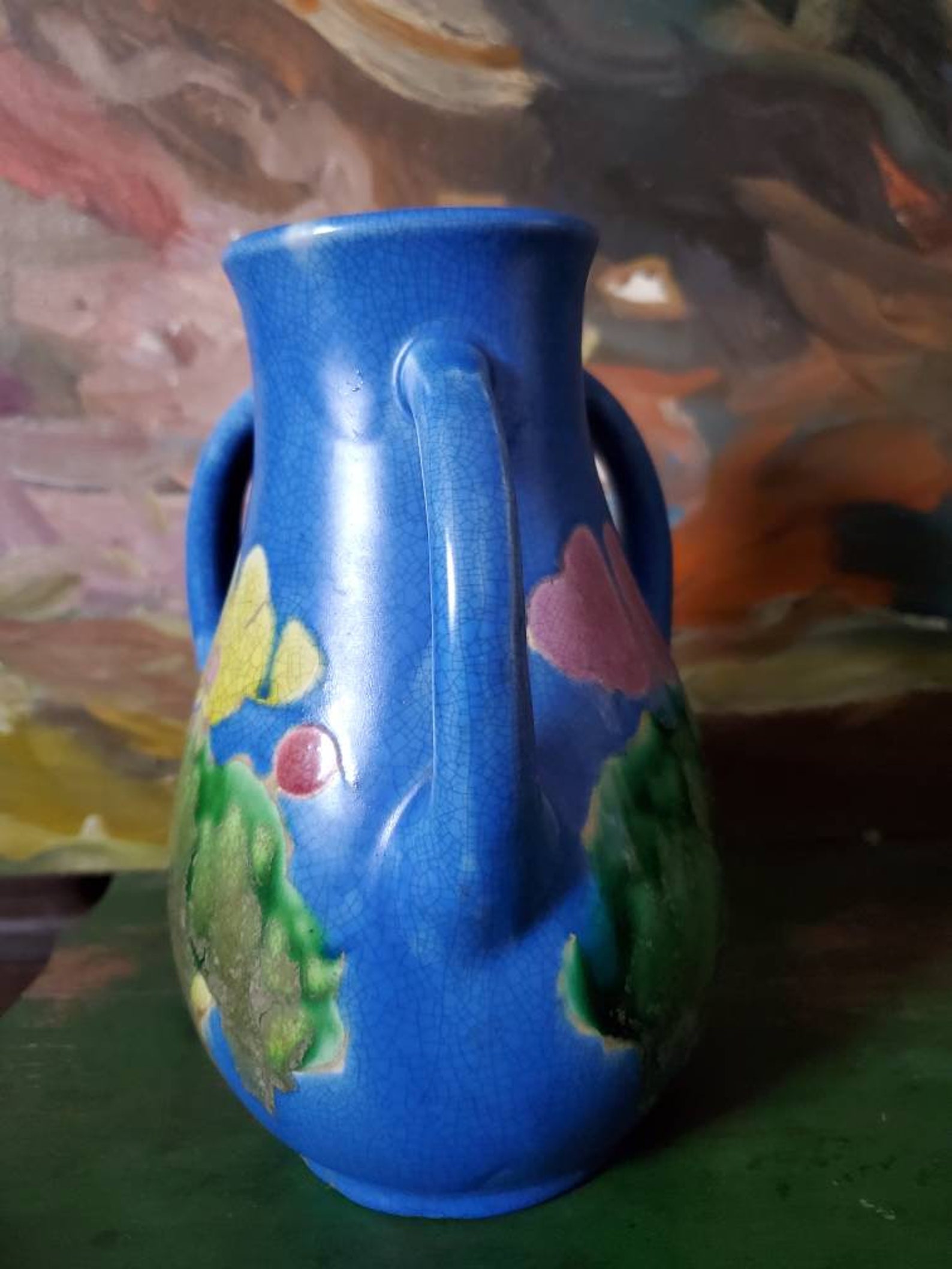 Awaji Pottery Studio, Blue Vase With Vibrant Designs, Crackle Glaze ...