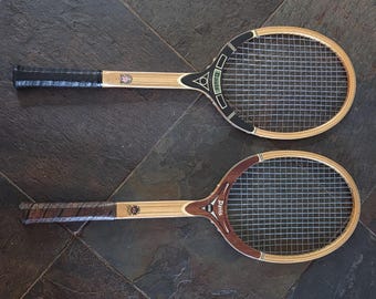 Vintage tennis racquets, Wilsons, Davis, Bancroft, MacGregor, Slazenger, sold individually.