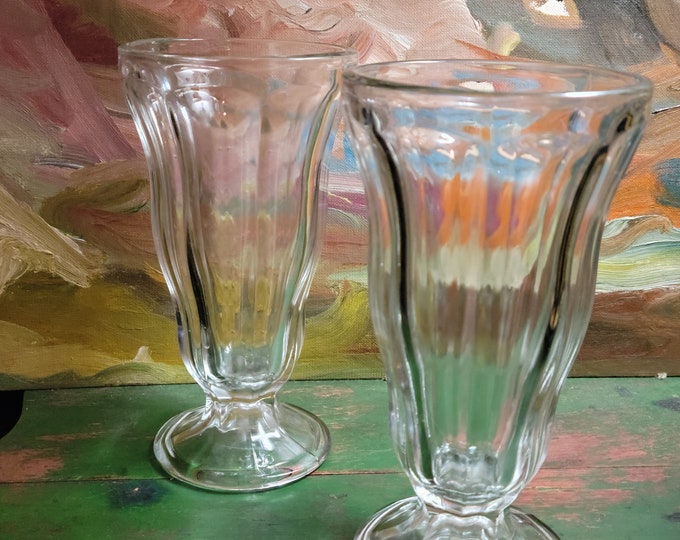 Vintage Anchor Hocking Fountain Milkshake Glasses, Set of Two, Clear, Heavy