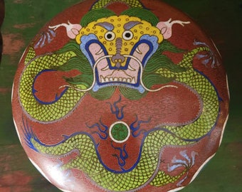Beautiful 8" diameter round cloisonne  green dragon box, wave pattern band, large piece, Asian storage
