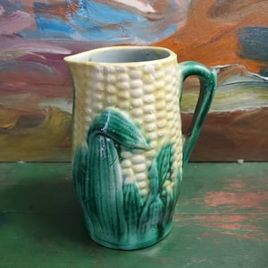 Antique Majolica corn creamer, yellow and green, excellent condition, appears to not have been used, small note inside