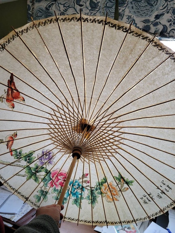 Vintage Asian Parasol Umbrella Rice Paper and  Ba… - image 10