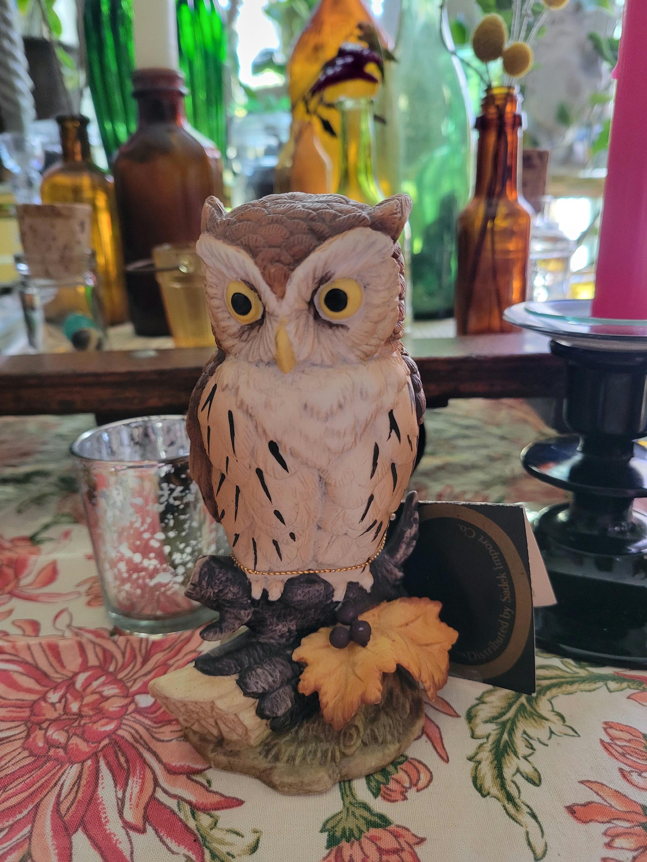 Vintage Great Horned Owl figure signed by Andrea Sadek, original tag and sticker present