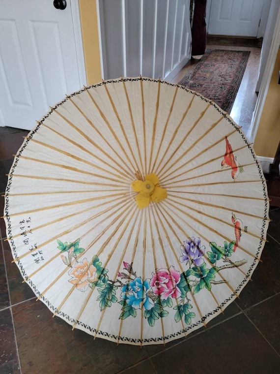 Vintage Asian Parasol Umbrella Rice Paper and  Ba… - image 1