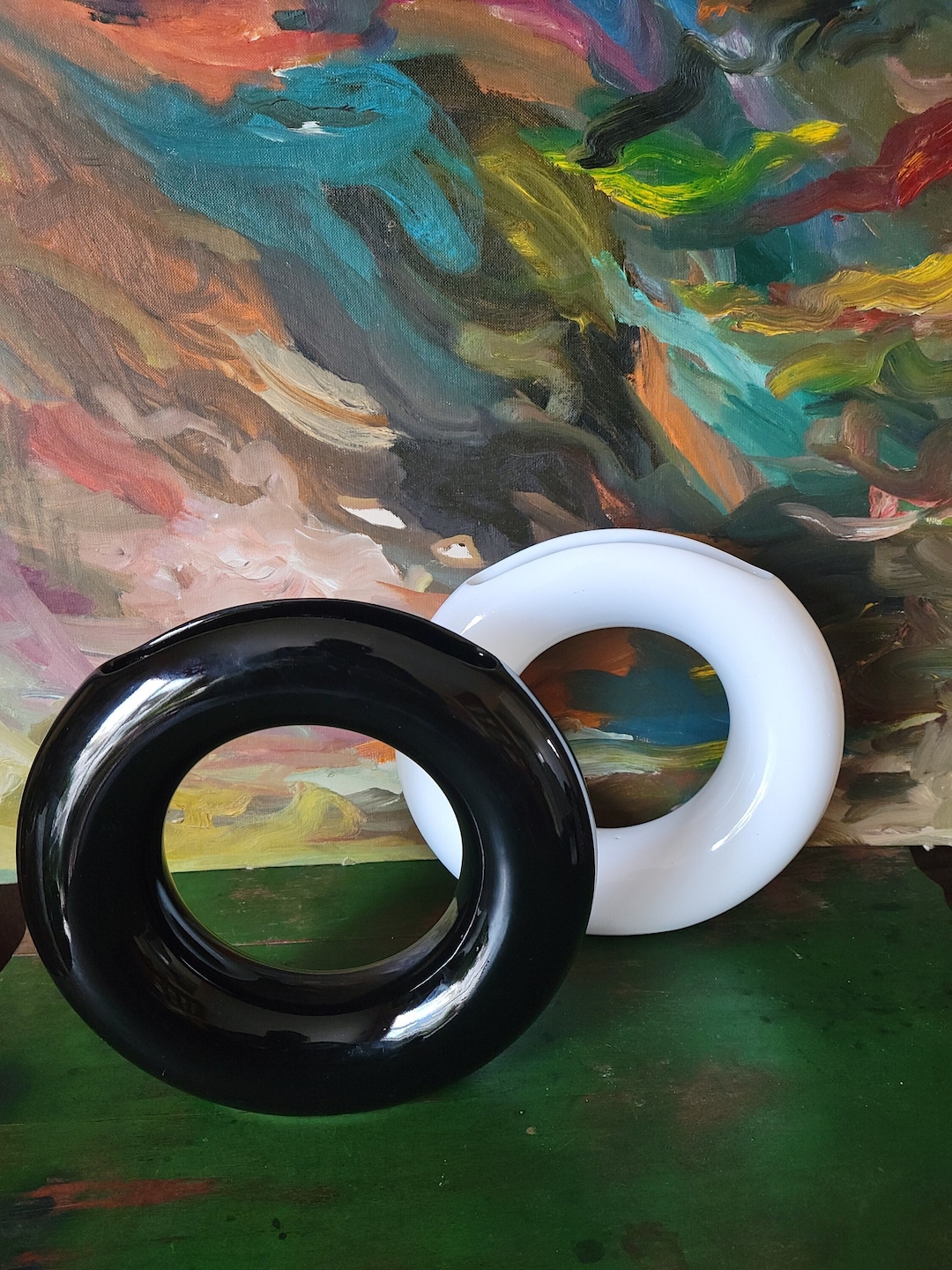 Vintage Toyo Donut Ikebana Vases, Avant Garde, Japan, Modern Styling, Black or White Donut Vases