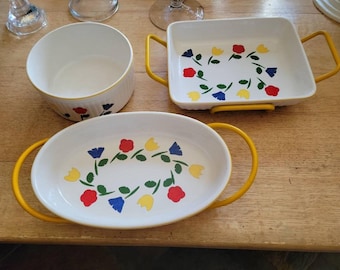 Vintage ceramic flower casseroles with yellow metal tubular carriers, sold individually, Made in Japan
