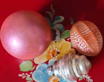 Vintage Christmas ornaments, pink  glass ornaments, unique styles and designs, set of three