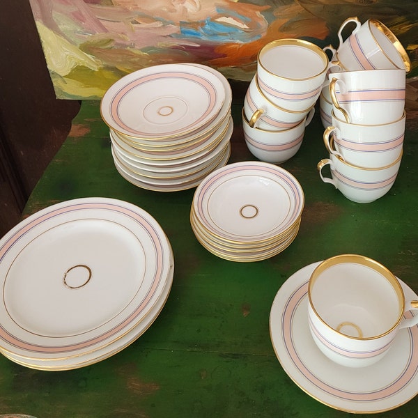 J. Collamore J & C Boston china, blue and pink bands with gold trim, tea cups, small bowls and luncheon plates, wear to gold, see photos.