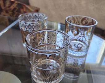 Vintage Patina Vie crystal rocks tumblers, gold and blue patterns, sold individually