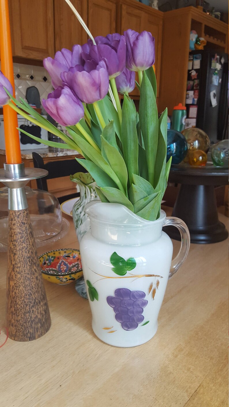 1950s Bartlett Collins white glass pitcher with handpainted grapes and gold accents image 1