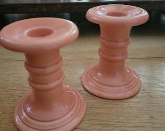 Vintage peach ceramic candlesticks, pale orange