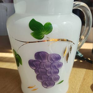 1950s Bartlett Collins white glass pitcher with handpainted grapes and gold accents image 3