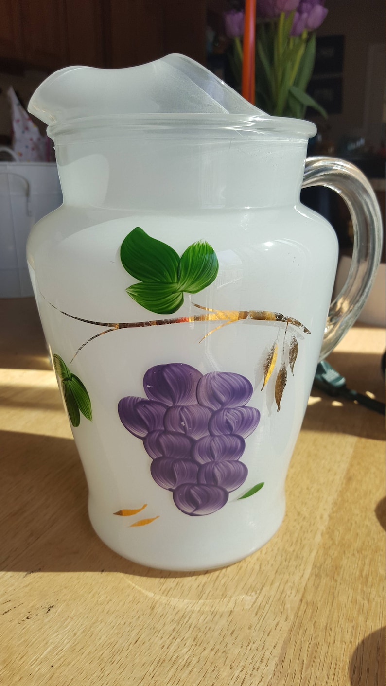 1950s Bartlett Collins white glass pitcher with handpainted grapes and gold accents image 3