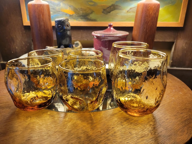 Vintage Amber Roly Poly Glasses, Blenko Style, MCM, Textured Glass ...
