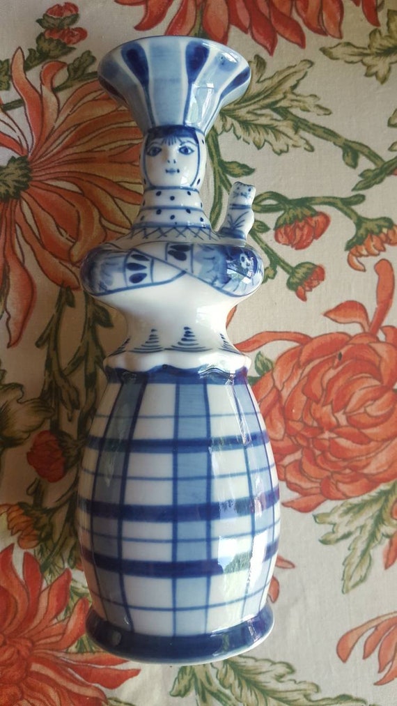 Russian lady with cat blue and white candlestick or vase GZEL hand made in Russia il 570xN onfg
