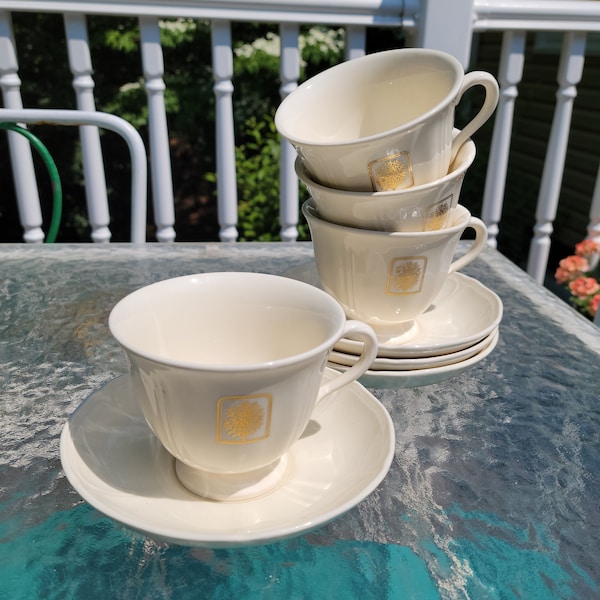 Wedgwood  of Etruria & Baralston,  Queens Shape #26, tea cups and saucers, gold tree medallion