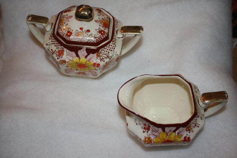 Coffee set hand decorated Royal Trico Nagoya Japan, ivory background with floral pattern and gold accents image 5