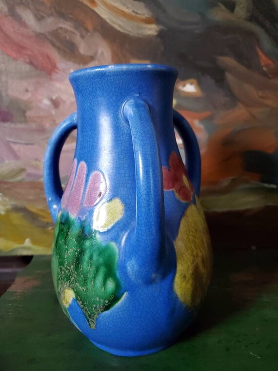 Awaji Pottery Studio, blue  vase with vibrant designs, crackle glaze,  Japan, tyg vase