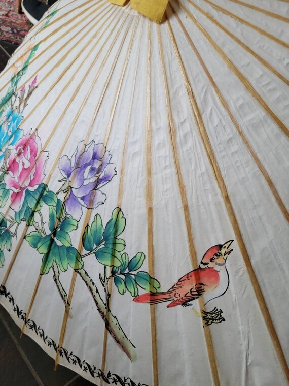 Vintage Asian Parasol Umbrella Rice Paper and  Ba… - image 8