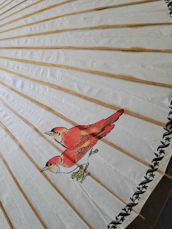 Vintage Asian Parasol Umbrella Rice Paper and  Ba… - image 3